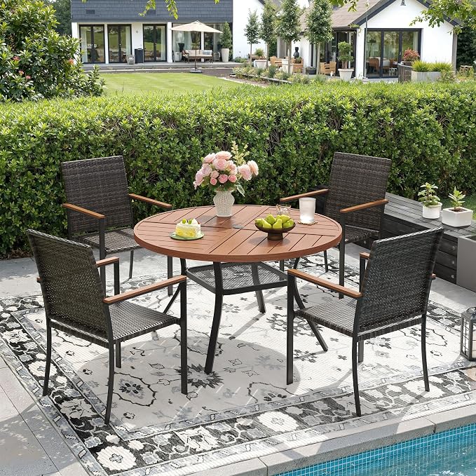 DIFY 5 Piece Patio Dining Set for 4, Wicker Stackable Patio Chairs & 40.6" Round Walnut Metal Dining Table with Umbrella Hole, All Weather Outdoor Table and Chairs Set for Deck Garden Backyard
