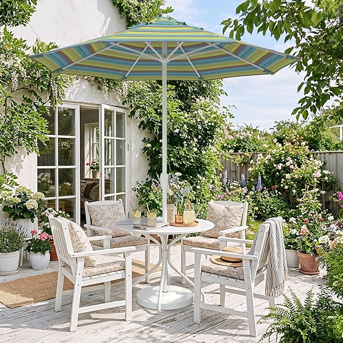 California Umbrella 12-Year Protection 7.5-Ft Outdoor Patio Umbrella, Sunbrella Fade-Resistant Fabric, Auto-Tilt, Heavy Duty Aluminum Frame, 8 Reinforced Ribs for Pool or Deck, White Pole, Astoria Lagoon