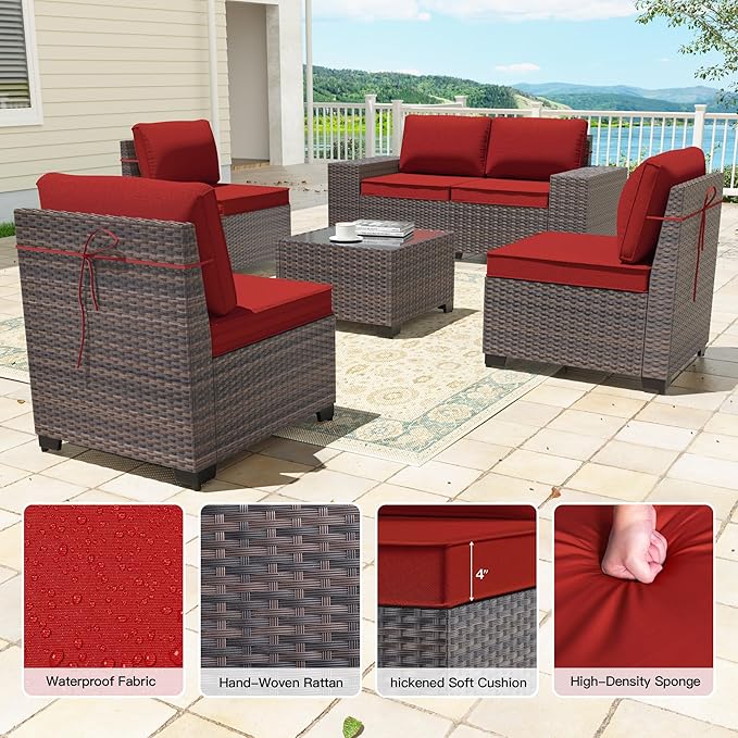 6 Pieces Patio Furniture Sets with Glass Tea Table,PE Rattan Wicker Patio Conversation Set with Washable Cushions,Outdoor Patio Sectional Furniture Set for Backyard, Poolside, Garden,Red