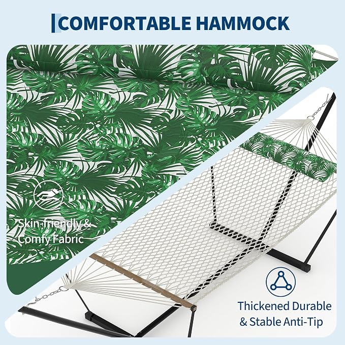 Green with Leaves Pattern 2 Person Hammock with Stand, 2 Person Hammock with Pillow, 450 LBS Capacity Heavy Duty Steel Stand, Freestanding Hammock for Patio, Backyard, Outdoor