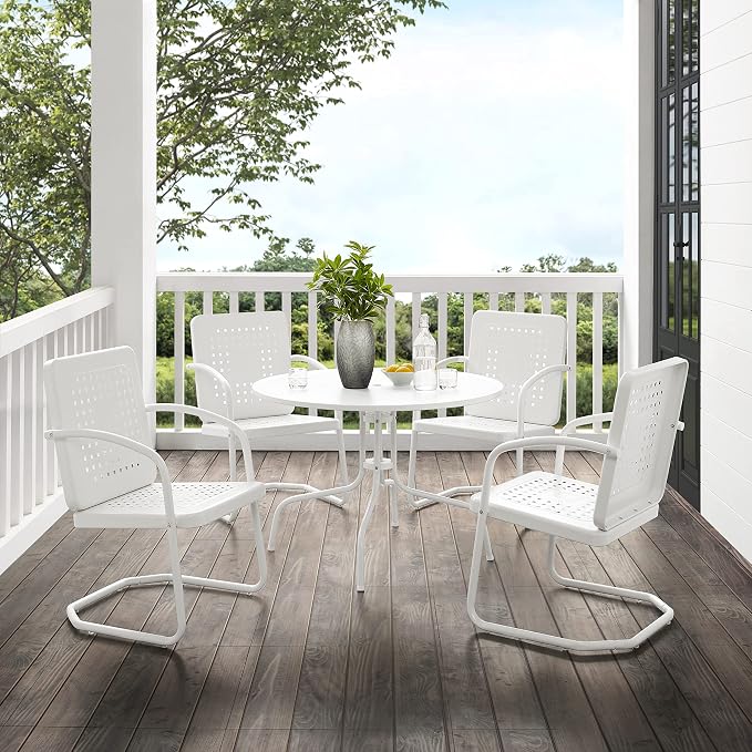 Crosley Furniture Bates 5-Piece Outdoor Dining Set for 4, Retro Metal Round Patio Table and Chairs for Deck, White Gloss