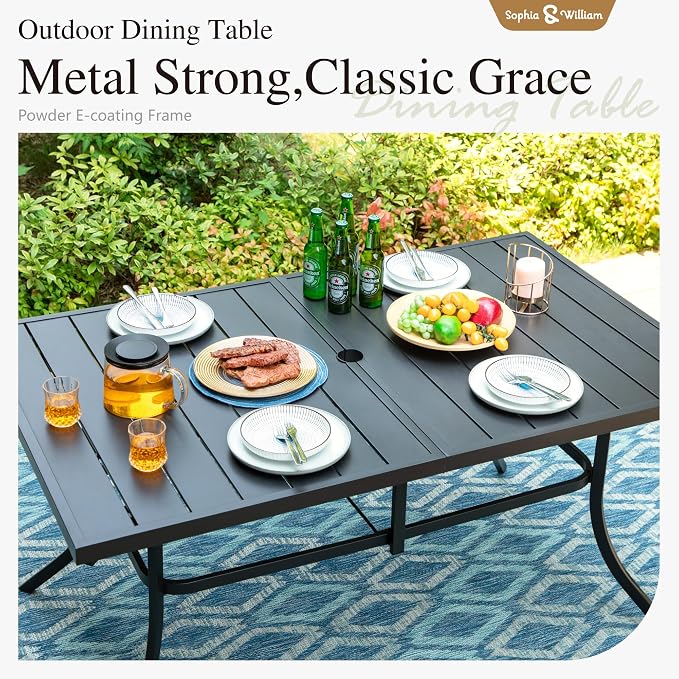 Sophia and William Patio Dining Set, for 6, Swivel Chairs | E-Coated and Steel, Rectangle Table, Swivel Chirs, Umbrella Hole, Weather-Resistant, Easy to Clean