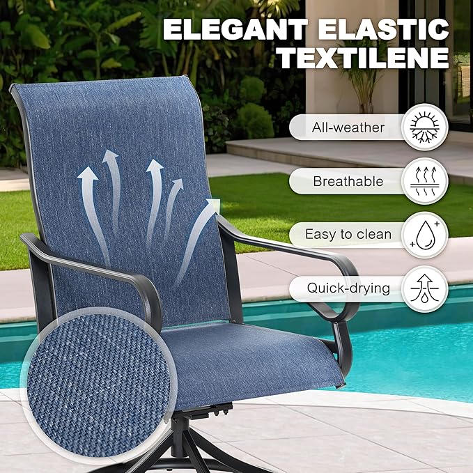 NUU GARDEN Outdoor Dining Set with Umbrella Hole, 5-Piece Patio Furniture Set with Slatted Table and 4 Breathable Textilene Swivel Chairs, All-Weather Patio Dining Set, Blue