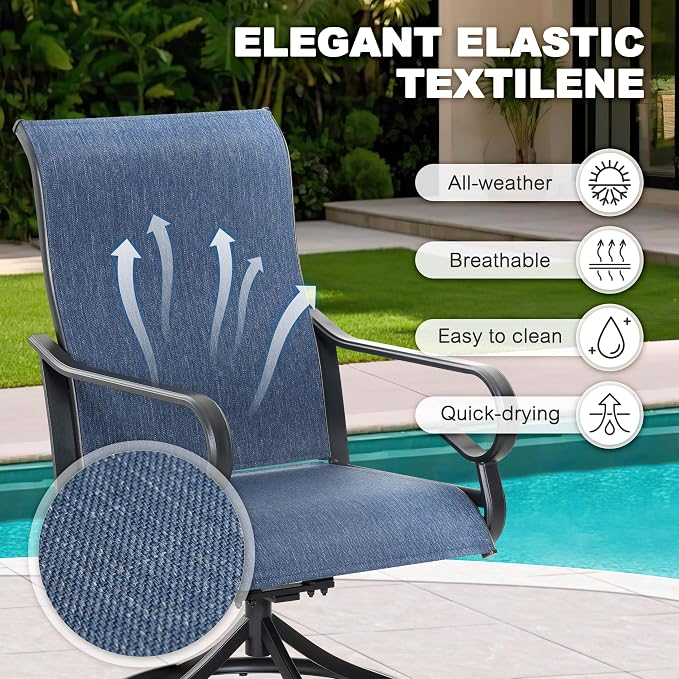 NUU GARDEN 5-Piece Outdoor Dining Set, Metal Swivel Chairs for 4 | All-weather blue patio furniture set for 4. Breathable textilene swivel rockers. Metal table with umbrella hole