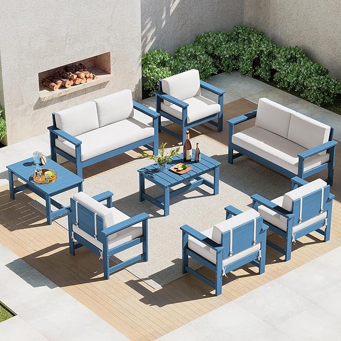SERWALL 8 Pieces HDPE Outdoor Conversation Sofa Set with Cushions, All Weather Use Couch Loveseat Furniture with Side Table for Balcony, Deck, Poolside, Blue Frame with Khaki Cushions