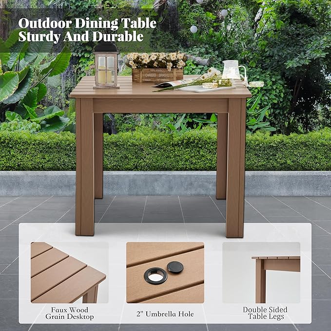HDPE Outdoor Dining Set,5-Piece Outdoor Table and Chairs Include 4 Armchair Chairs and 32.5" Square Patio Dining Table with Umbrella Hole (Brown)
