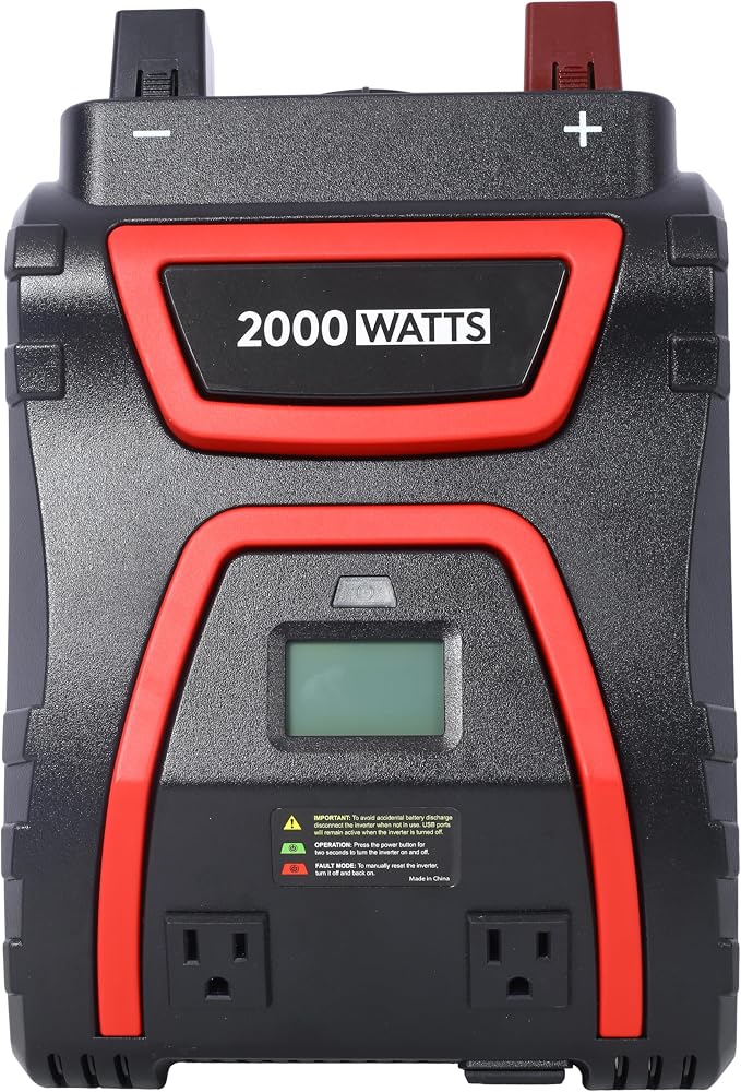 2000W Power Inverter Modified Sine Wave with LCD Display 3 AC Outlets and USB Ports 12V DC to 115V AC Car Camping Inverter Built-in Short Circuit Protection for Trucks RVs Emergency Black Plastic