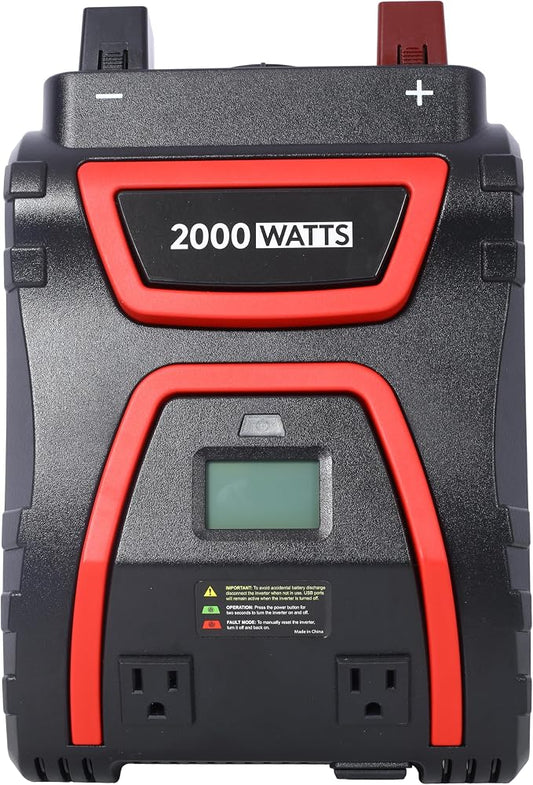 2000W Power Inverter Modified Sine Wave with LCD Display 3 AC Outlets and USB Ports 12V DC to 115V AC Car Camping Inverter Built-in Short Circuit Protection for Trucks RVs Emergency Black Plastic