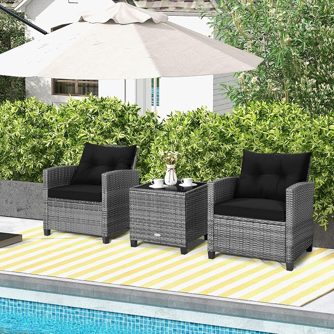 ORALNER Patio Furniture, 3 Pieces Outdoor Wicker Conversation Set Chairs with Soft Cushions and Glass Coffee Table, Rattan Bistro Set for Balcony Garden Deck Front Porch Poolside (Black)