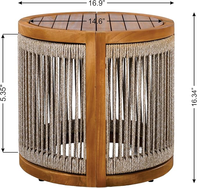 roomfitters 16.9" Acacia Wood Outdoor Side Table, Luxury Handwoven Rope Accent Boho Patio Table, Modern Round Slatted Garden End Table