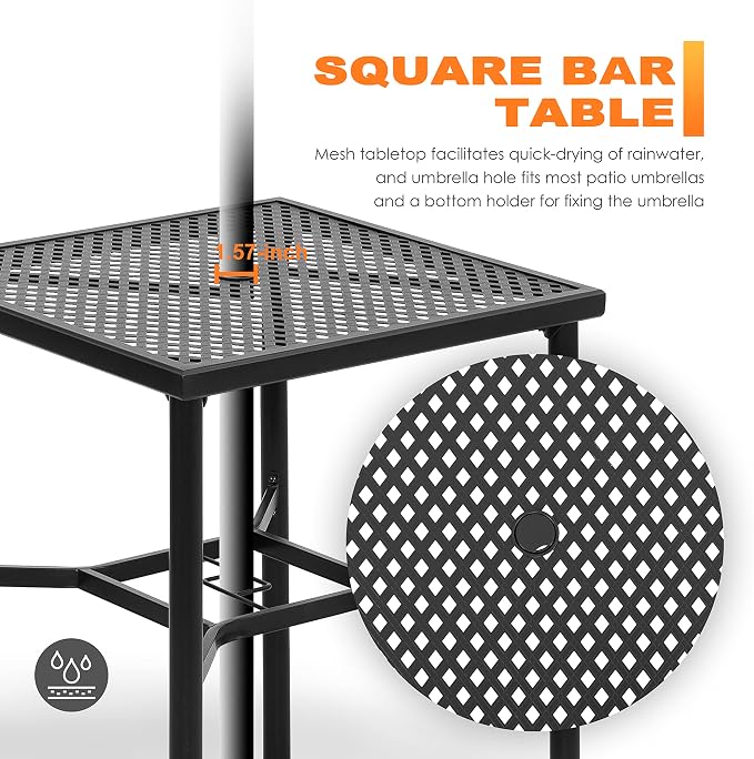 NUU GARDEN 28" Square Outdoor Bar Table with Umbrella Hole, Metal Patio Bistro Table for Garden, Lawn, Poolside – Black with Gold Speckles