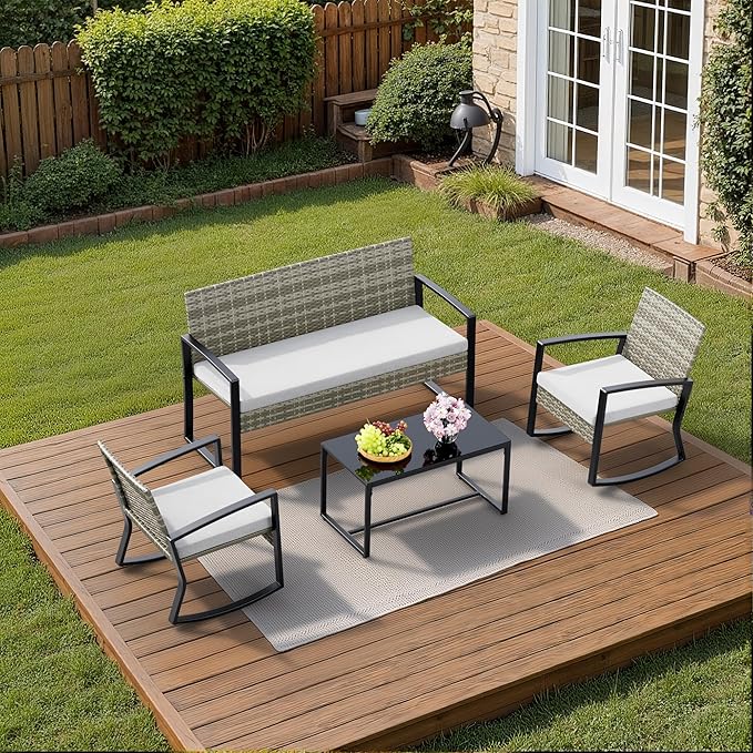 Ahomly 4 Piece Patio Furniture Set, Outdoor Wicker Patio Furniture with Glass Coffee Table, Rocking Patio Wicker Bistro Set, for Porch, Garden, Lawn (Light Grey)