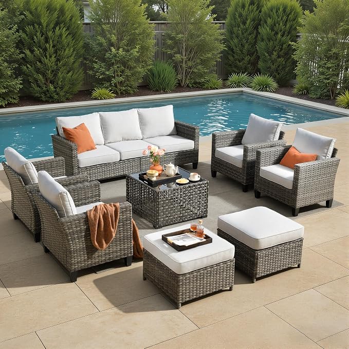 8 Piece Wicker Patio Furniture Set with Solar Table, Gray | Outdoor Deep Seating Sofa Chair Ottoman, Solar Lights Table, All Weather Rattan, Modern Conversation Set, Porch Deck Backyard