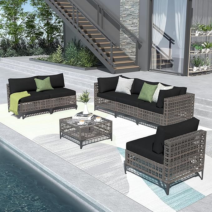 Patiorama 7 Piece Wicker Patio Furniture Set, Metal-Colored PE Rattan Outdoor Sofa Set Patio Sectional with Water Resistant Cushion and Coffee Table, Outdoor Couch, Porch, Backyard-Black