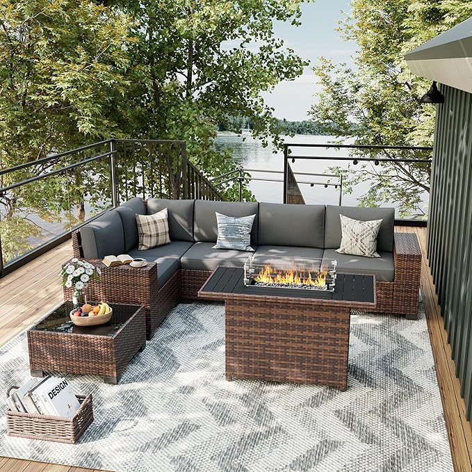 UDPATIO Patio Sectional Sofa with Fire Pit Table, 8 Inch Armrest 7-Piece Wicker Conversation with Waterproof Cover for Backyard Deck, Brown/Dark Grey