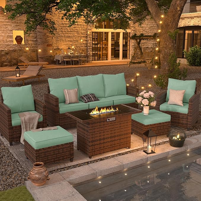 UDPATIO Patio Furniture Set with 44" Fire Pit Table, 6 Pieces Outdoor Sectional Conversation Sets, All-Weather Wicker Rattan Sofa Ottoman with 4" Thick Cushion for Garden Backyard Deck, Light Blue