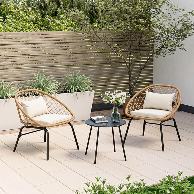 LAUSAINT HOME 3-Piece Outdoor Patio Set, All-Weather Wicker Rattan, Conversation Bistro Set with 2 Deep Seating Chairs & Coffee Table for Garden, Deck, Balcony, Porch, Backyard (Diamond Weave Design)