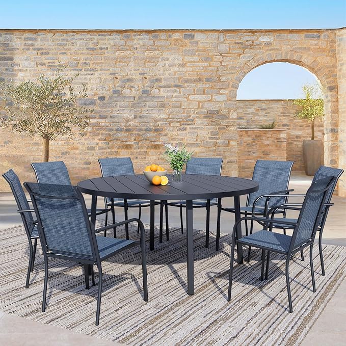 9 Pieces Patio Dining Set for 8, Blue Patio Stackable Chairs and Black Round Table Set of 8, Outdoor Furniture Set with Sling Support for Outside, Garden