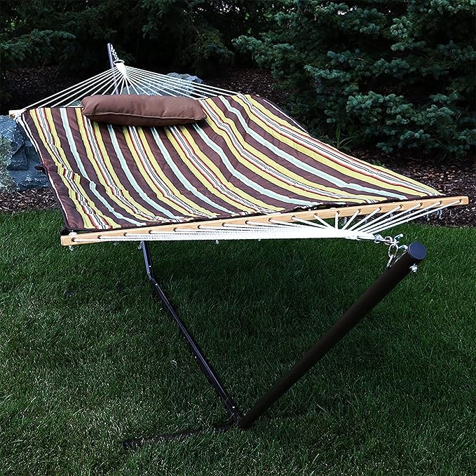 Sunnydaze Rope Hammock with Stand for Outside- 275-Pound Capacity - Includes 12-Foot Hammock Stand, Spreader Bar, Pad, and Pillow - Desert Stripe
