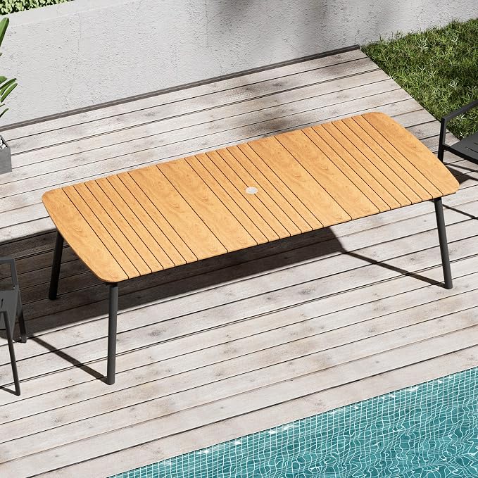 93" Outdoor Dining Table for 10 Brown Patio Dining Table with Umbrella Hole Rectangle Dining Table with Aluminum Frame and Waterproof Wood Grain Tabletop for Lawn Backyard Garden Poolside