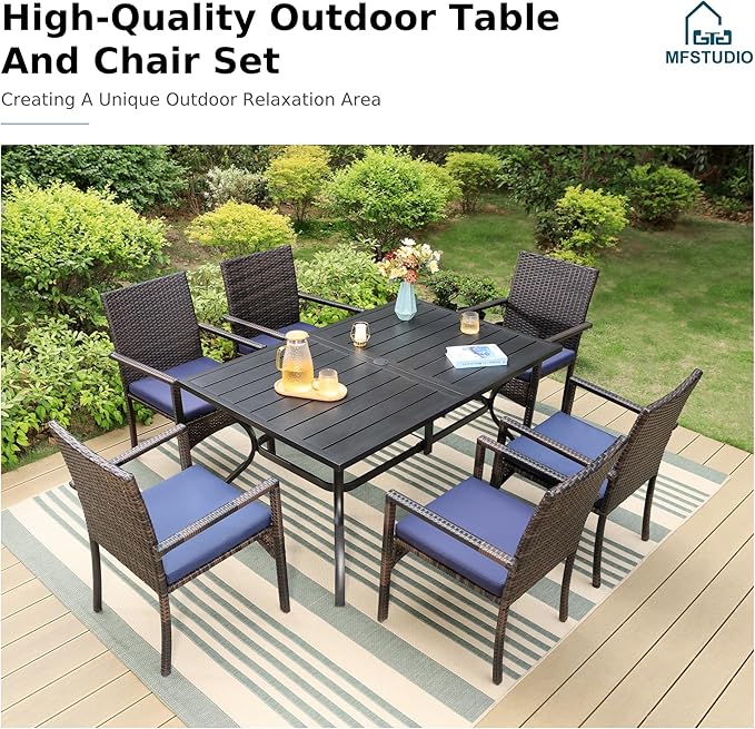 MFSTUDIO 7 Piece Outdoor Dining Set, 60” Rectangular Metal Table with Umbrella Hole & Cushioned Rattan Chairs, Patio Wicker Dining Table Furniture Set for 6, Deck, Porch