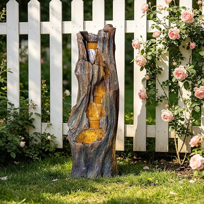 Waterfall Fountain Outdoor Garden Tree Trunk Cascading Water Feature with LED Lights Tall Resin Fountain for Patio Backyard Porch Lawn Relaxing Waterfall Decor 41 Inch