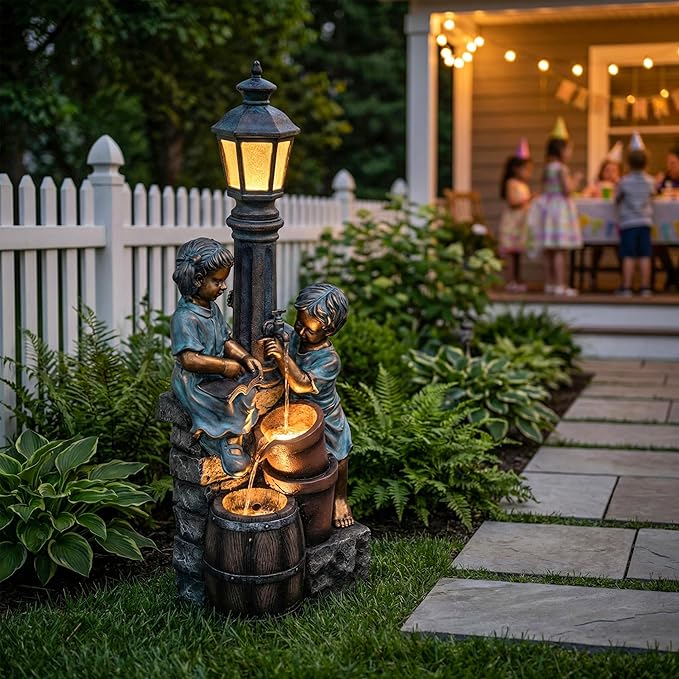 47-Inch Outdoor Water Fountain, 3-Tier Boy and Girl Resin Waterfall Fountain, with Soothing Water Sound & 3 Warm LED Lights, Home Decor for Garden, Patio, Yard, Deck or Lawn in Brown and Blue