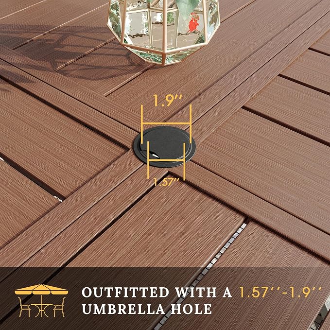 VICLLAX Round Patio Table with Adjustable Umbrella Hole for 6, All Weather Metal Outdoor Dining Table for Lawn Garden, 50" Outdoor Coffee Table, Walnut Wood-Like Tabletop