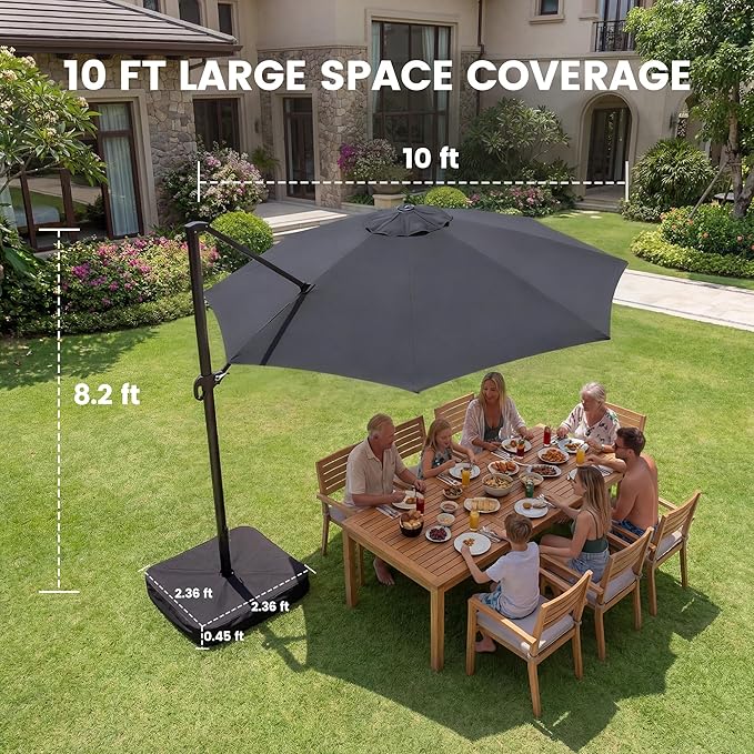 OLILAWN 10FT Outdoor Patio Umbrella with Base Included, Cantilever Offset Umbrella with Heavy-Duty Frame, 360° Rotation & Infinite Tilt, UV-Resistant Water-Repellent Shade for Patio, Poolside, Backyard, Tan Grey