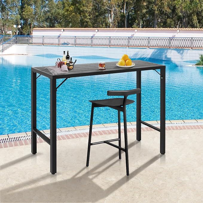 Outdoor Bar Table, 55” Patio Bar Height Table, Bar Counter Pub Dining Table with Waterproof Top for Balcony, Garden, Yard, Poolside (Black)