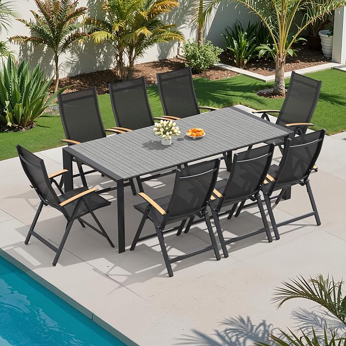 9-Piece Patio Dining Set, 83" Aluminum Outdoor Table with 8 Chairs | Adjustable Reclining Back& Wood Grain Tabletop with Umbrella Hole for Garden Backyard Deck, Grey