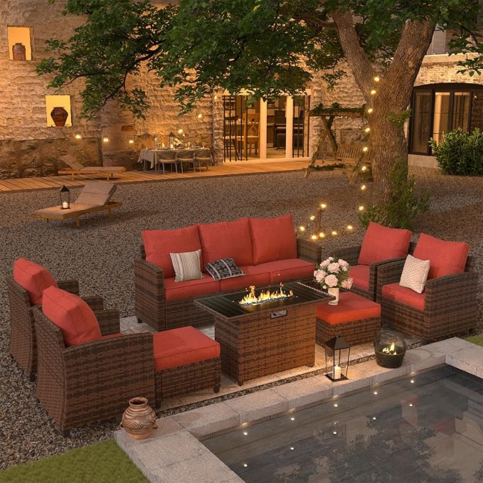 UDPATIO Patio Furniture Set with 44" Fire Pit Table, 8 Pieces Outdoor Sectional Conversation Sets, All-Weather Wicker Rattan Sofa Ottoman with 4" Thick Cushion for Garden Backyard Deck, Wine Red