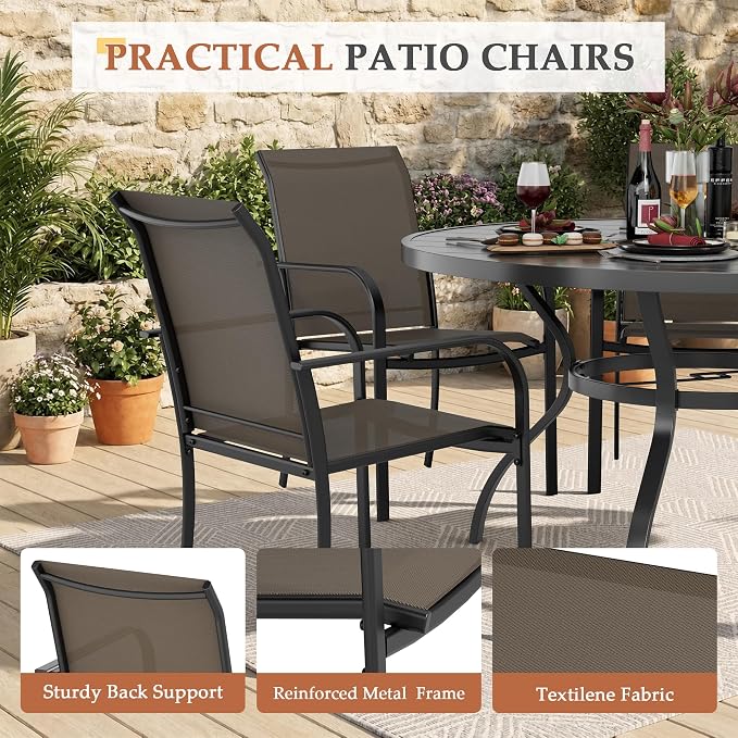 7-Piece Patio Dining Set,6 Person Outdoor Table and Chairs Set, 6 Metal Dining Chairs and Round Outdoor Table with 1.57" Umbrella Hole,Khaki