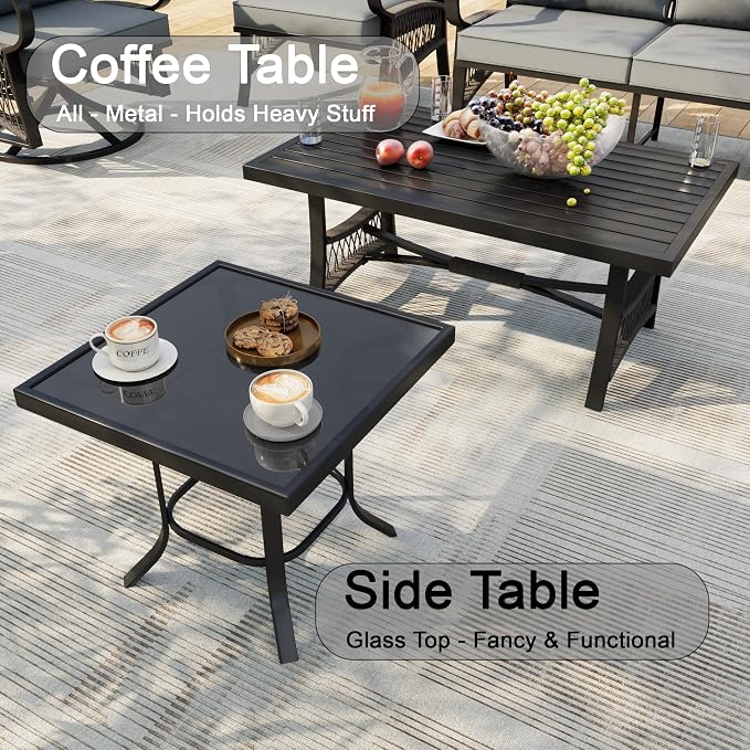 12 Pieces Patio Conversation Sets, All Weather Metal Outdoor Furniture Set 3-Seater 4 Swivel Rockers with 2 Side Tables 2 Single Chairs 1 Loveseat with Coffee Table and Fire Pit Table, Gray