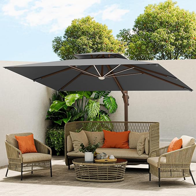 10 X 13 FT Cantilever Outdoor Patio Umbrella with Base Included Large Heavy Duty 360° Rotation Double Top Offset Rectangular Umbrellas with LED Lights for Backyard Outside Deck, Grey