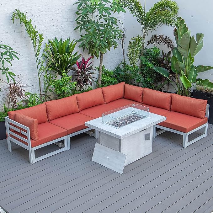 LeisureMod 7-Piece Outdoor Patio Conversation Set in Weathered Grey Aluminum with 44" Propane Fire Pit Table & Cushions, Orange