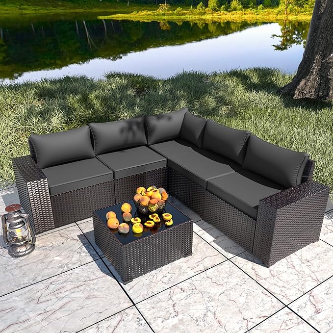 6 PCS Outdoor Patio Furniture Set,Outdoor Sectional Furniture All Weather PE Rattan Wicker Patio Conversation Set with Coffee Table and 5 Thickened Cushions,Grey
