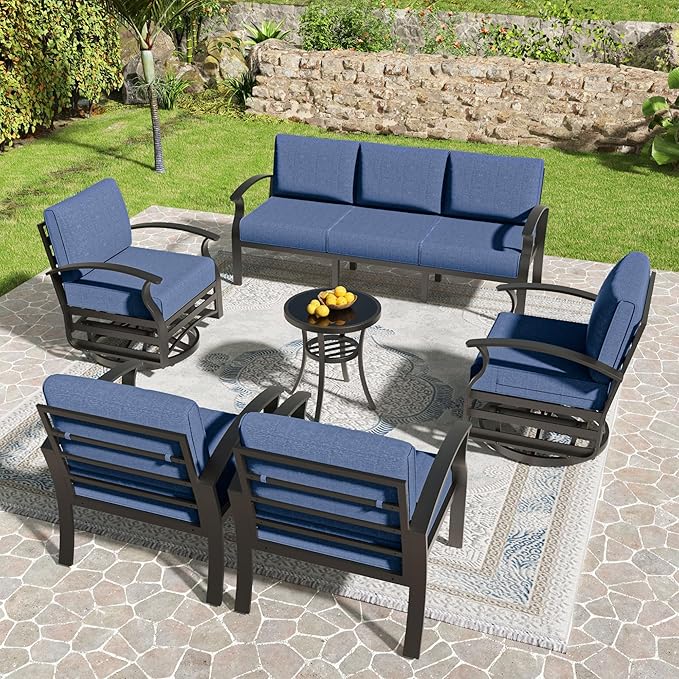Kullavik Aluminum Patio Furniture Set,6 Pieces 7 Seat Sectional Metal Outdoor Furniture Conversation Set w/5.1" Cushions,Swivel Rocking Chairs Set,Navy Blue