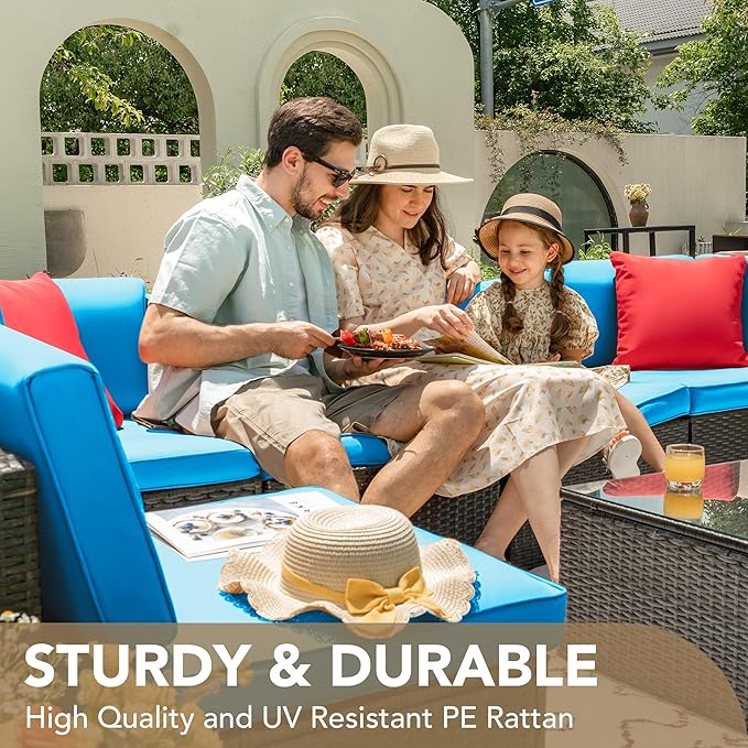 Devoko Patio Furniture Sets 6 Pieces Outdoor Sectional Rattan Sofa Manual Weaving Wicker Patio Conversation Set with Glass Table and Cushion (Blue)