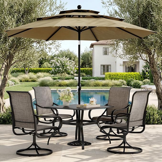 PHI VILLA Patio Furniture Set with Umbrella for 4,Swivel Mesh Dining Chairs | Includes 1 square metal table, 4 breathable textilene chairs and 10ft Beige umbrella, designed for deck, backyard, garden
