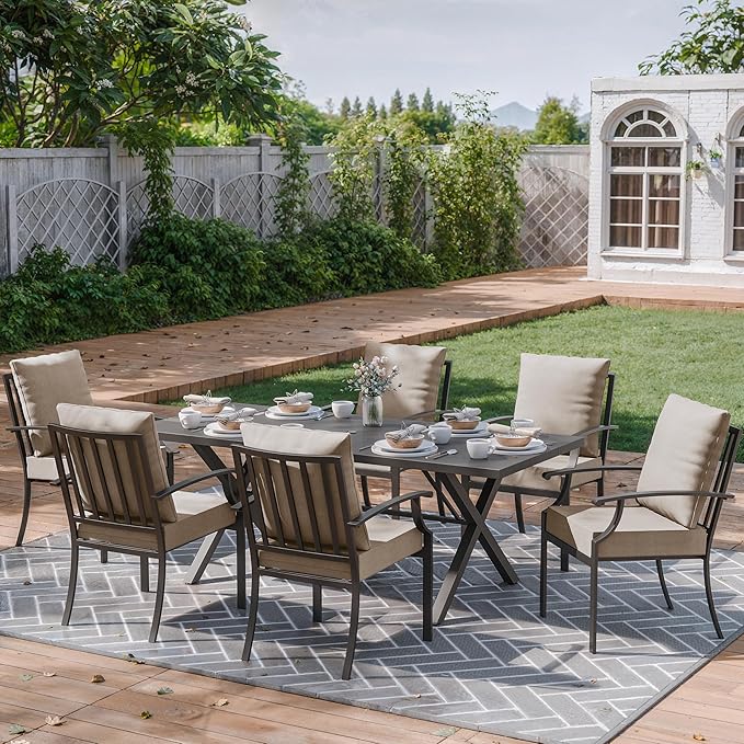 ALAULM 7-Piece Patio Dining Table and Chairs Outdoor Dining Set for 6 Patio Dining Sets with Rectangular Metal Table with Umbrella Hole for Patio, Backyard, Garden-Sand