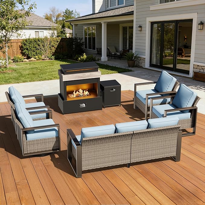 6 Pieces Wicker Patio 75" Sofa Set with 2 Armchairs, 2 Swivel Chairs, Fireplace, All Weather Rattan Outdoor Conversation Furniture Set with Metal Armrest & Removable Cushions for Deck, Baby Blue