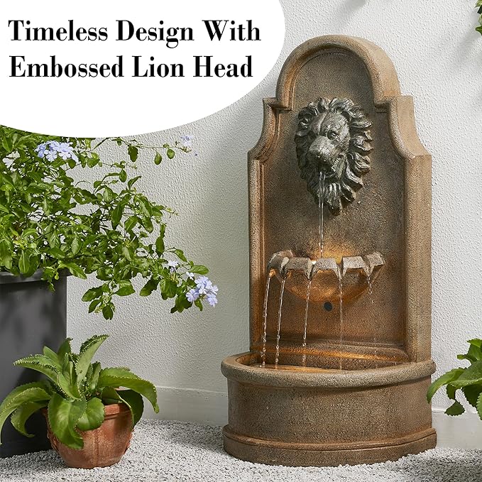 Glitzhome Tiered Wall Mounted Outdoor Water Fountain With LED Light - Vintage European Style 3-Tier Oversized Lion Head Waterfall - Faux Granite for Garden, Patio, Deck, Porch, 31.75"H