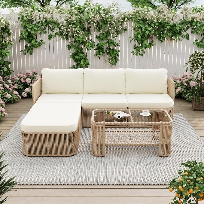 Merax 4-Piece Patio Furniture Set, L-Shaped Outdoor Wicker Modular Sectional Sofa with Thick Cushions and Glass Top Coffee Table, Rattan Patio Conversation Set for Backyard, Garden and Poolside, Beige