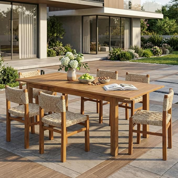 Christopher Knight Home 7 Piece Outdoor Dining Set Acacia Wood Expandable Table and 6 Wicker Chairs Light Grey Patio Dining Furniture Set with Teak Finish Wooden Frame for Garden Backyard Porch