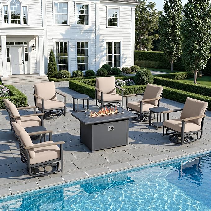 10Pcs Aluminum Patio Rocking Swivel Chair with 55,000 BTU Fire Pit Table Outdoor Bistro Set with Coffee Table, Patio Furniture Set with High Backrest & Thickened Cushions, Sand