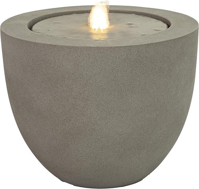 Sunnydaze Outdoor Water Fountain with LED Light - Polystone Oval Bowl Bubbler Water Feature with Pump - 12" H - for Patio, Garden, Deck, Relaxation and Stress Relief - Gray