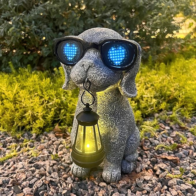 Solar Garden Outdoor Dog Statues - Garden Decorations Dogs Statue with Lantern, Waterproof Led Lights Yard Decor Figurine Birthday Gifts for Women Mom Grandma Dog Lovers for Patio Balcony Lawn