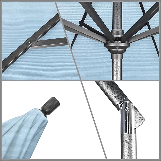 California Umbrella 11Ft Premium Sunbrella Patio Umbrella, Hand-Crank, Tilt-Collar, Gray Frame, Air Blue Fabric