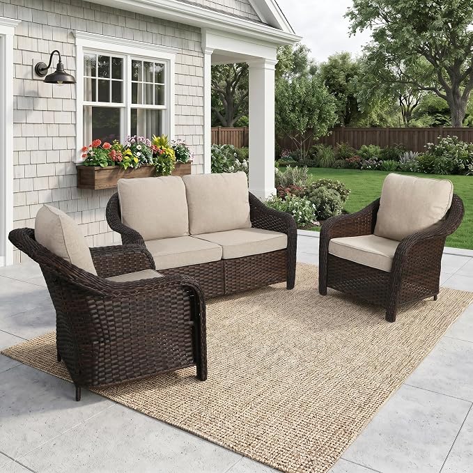 3 Piece Patio Wicker Conversation Set, All-Weather Use Outdoor Wicker Loveseat with 2 PE Rattan Chair, Ideal for Porch, Backyard, Balcony, Poolside, Beige